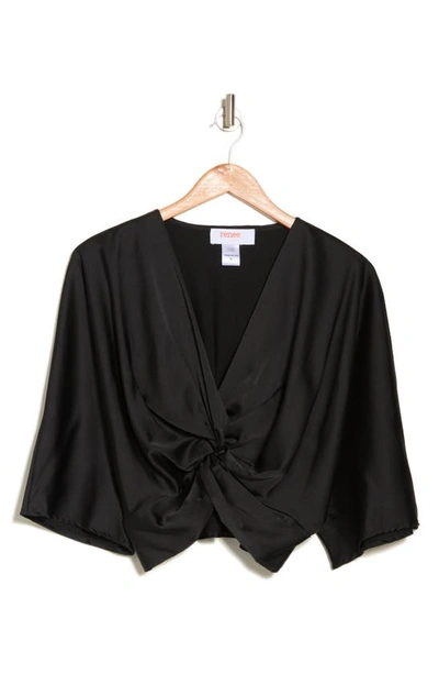 Renee C Plunge Neck Long Sleeve Twisted Knot Satin Top In Black