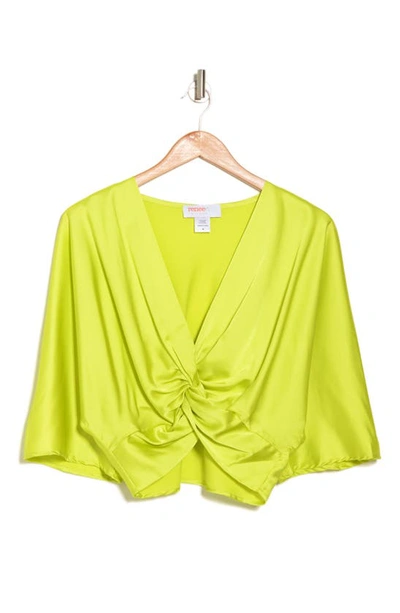 Renee C Plunge Neck Long Sleeve Twisted Knot Satin Top In Citron