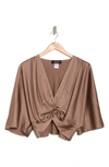 Renee C Plunge Neck Long Sleeve Twisted Knot Satin Top In Dune