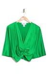 Renee C Plunge Neck Long Sleeve Twisted Knot Satin Top In Green