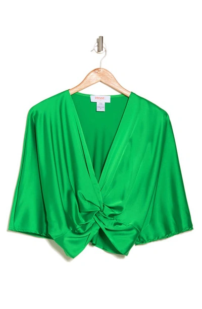 Renee C Plunge Neck Long Sleeve Twisted Knot Satin Top In Green