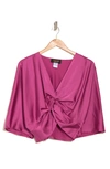 Renee C Plunge Neck Long Sleeve Twisted Knot Satin Top In Magenta