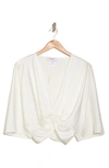 Renee C Plunge Neck Long Sleeve Twisted Knot Satin Top In Ivory