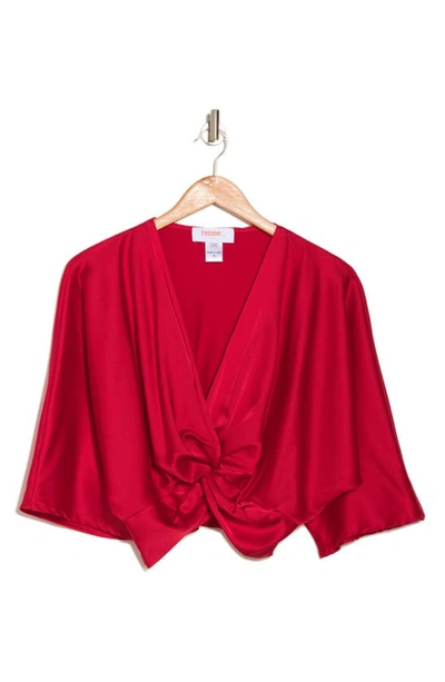 Renee C Plunge Neck Long Sleeve Twisted Knot Satin Top In Red