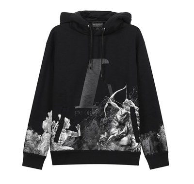 Emporio Armani Mens Surreal Print And Alpha Logo Hooded Sweatshirt, Size Large In Black