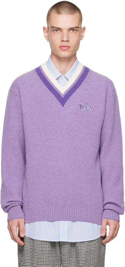 Manors Golf The Open Embroidered V-neck Jumper In Purple