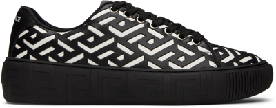 Versace Greca Motif Leather Sneakers In Black
