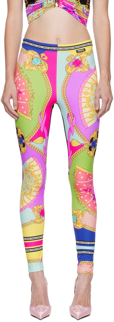 Versace Ventagli Print Technical Fabric Leggings In Purple,gold