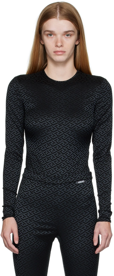 Versace La Greca Monogram Print Long Sleeve Bodysuit In Black