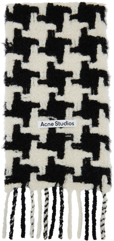 Acne Studios Fringed Houndstooth Alpaca-blend Scarf In White/black