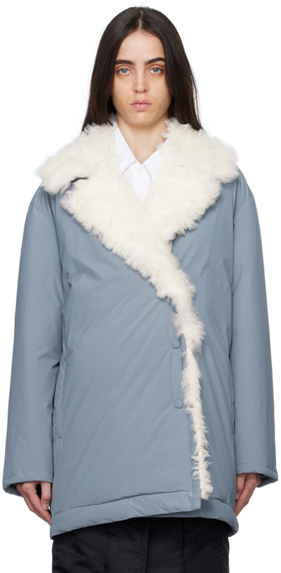 Yves Salomon Ssense Exclusive Blue Single-breasted Shearling Down Coat In Flint Stone