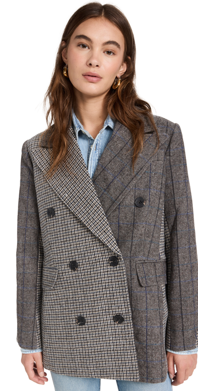 Avec Les Filles Mixed Plaid Double Breasted Blazer In Espresso