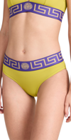 Versace Greca Border Bikini Bottoms In Pale Avocado/purple