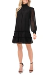 Cece Tiered Mock Neck Long Sleeve Shift Dress In Rich Black