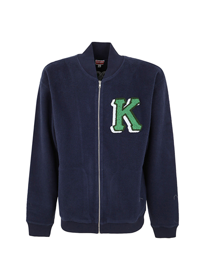 Kenzo Varsity Logo Patch Cotton Fleece Bomber Jacket In Dark Blue