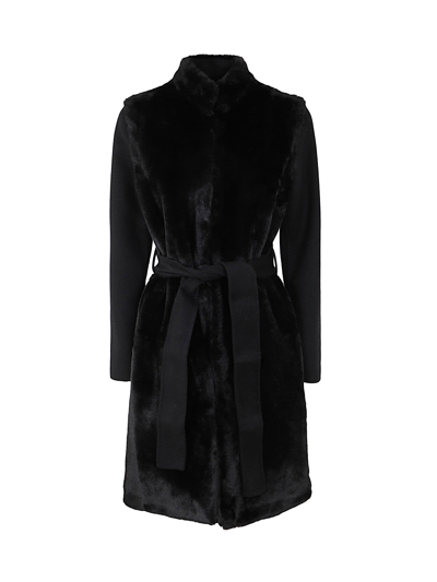 Twinset Faux-fur Panelled Belted Coat In Black