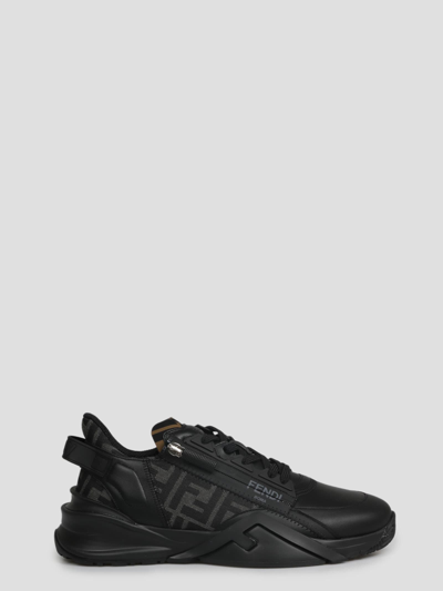 Fendi Men Leather Flow Sneakers With Ff Jacquard Fabric Inserts In Black