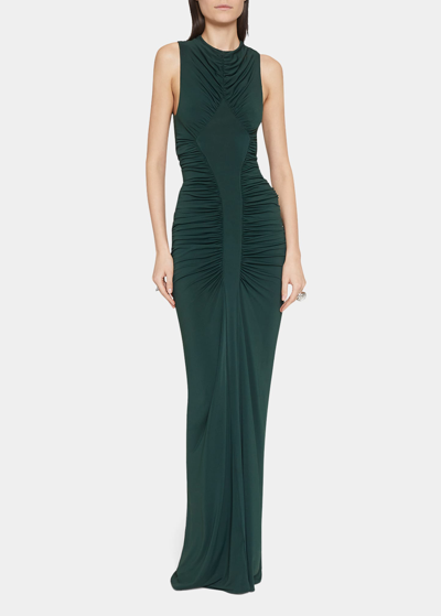 Saint Laurent Sleeveless Ruched Gown In Green