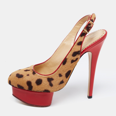 Pre-owned Charlotte Olympia Red/brown Leopard Calf Hair And Leather Dolly Slingback Pumps Size 36.5