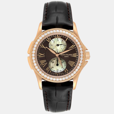 Pre-owned Patek Philippe Brown Diamonds 18k Rose Gold Calatrava Travel Time 4934 Women's Wristwatch 35 Mm