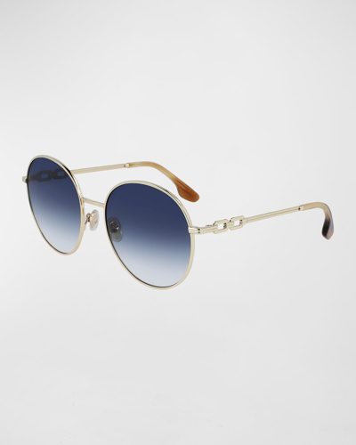 Victoria Beckham Round Chain Metal Sunglasses In Gold/blue