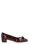 Ferragamo Vara Patent Leather Pumps In Brown