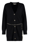 Michael Michael Kors M  Michael Kors Woman's Black Merino Wool Cardigan With M Chain Belt In Black