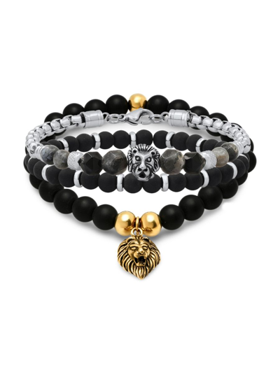 Anthony Jacobs Men's 3 Piece 18k Goldplated Stainless Steel, Lava Beads & Black Agate Bracelet Set
