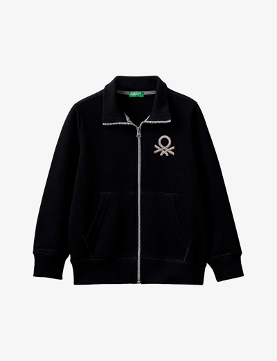 Benetton Kids' Logo-embroidered Zipped Cotton-jersey Sweatshirt 6-14 Years In Black