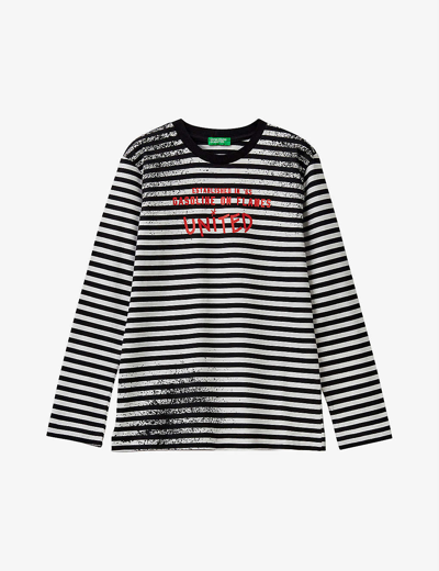 Benetton Kids' Striped Slogan-print Long-sleeved Cotton-jersey T-shirt 6-14 Years In Black Stripe