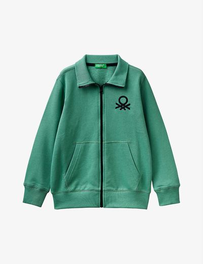 Benetton Kids' Logo-embroidered Zipped Cotton-jersey Sweatshirt 6-14 Years In Green