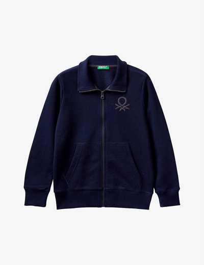 Benetton Kids' Logo-embroidered Zipped Cotton-jersey Sweatshirt 6-14 Years In Navy Blue