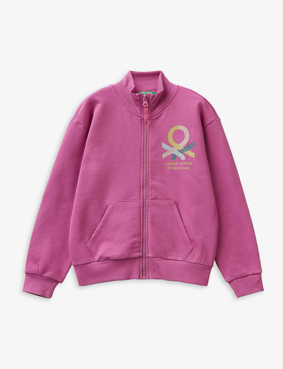 Benetton Kids' Logo Cotton-jersey Zipped Sweatshirt 6 - 14 Years In Pink