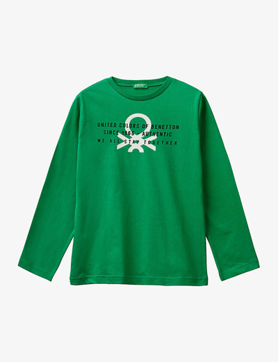 Benetton Kids' Logo-print Long-sleeved Cotton-jersey T-shirt 6-14 Years In  Green