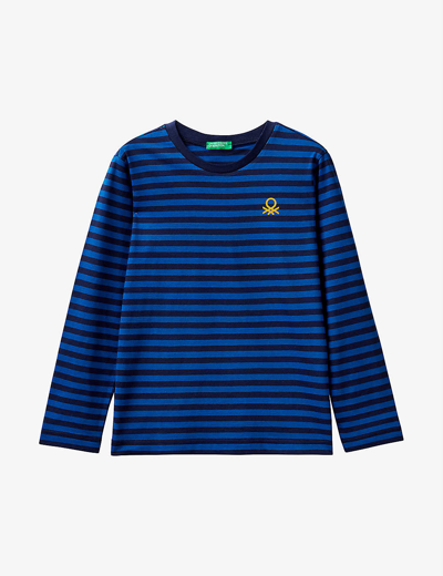 Benetton Kids' Logo-print Striped Long-sleeved Cotton-jersey T-shirt 6-14 Years In Royal Blue Stripe