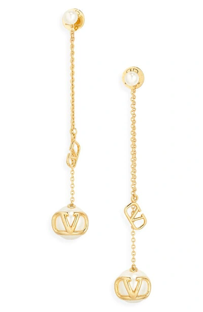 Valentino Garavani V Logo & Faux Pearl Pendant Earrings In Gold,white