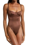 Skims Stretch Satin Underwire Thong Bodysuit In Cocoa