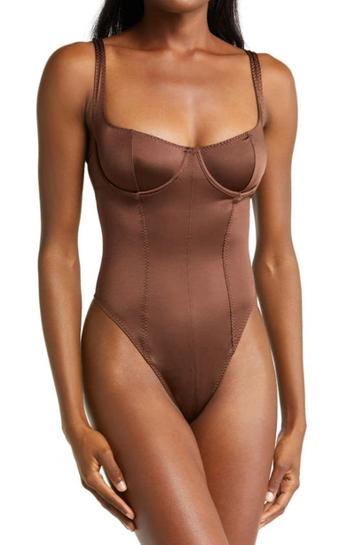 Skims Stretch Satin Underwire Thong Bodysuit In Cocoa