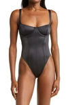 Skims Stretch Satin Underwire Thong Bodysuit In Onyx