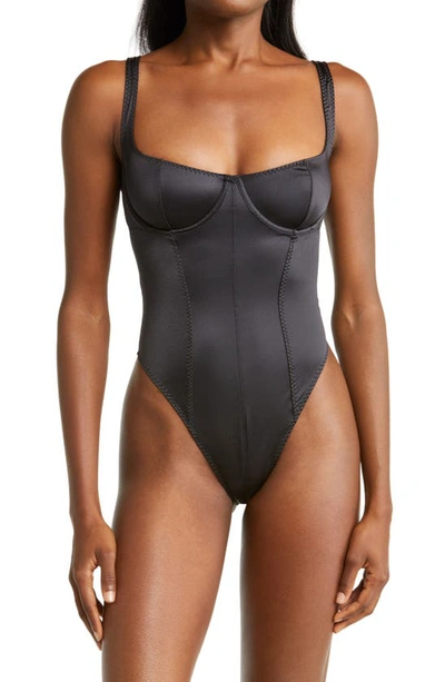 Skims Stretch Satin Underwire Thong Bodysuit In Onyx