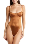 Skims Stretch Satin Underwire Thong Bodysuit In Bronze