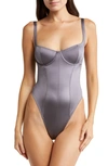 Skims Stretch Satin Underwire Thong Bodysuit In Armor