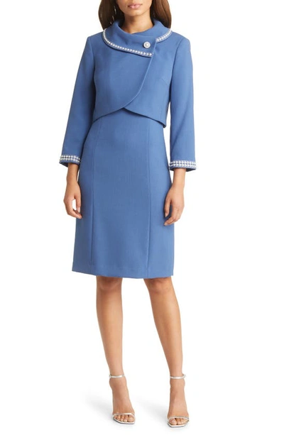 Tahari Asl Beaded Jacket & Sheath Dress In River Blue