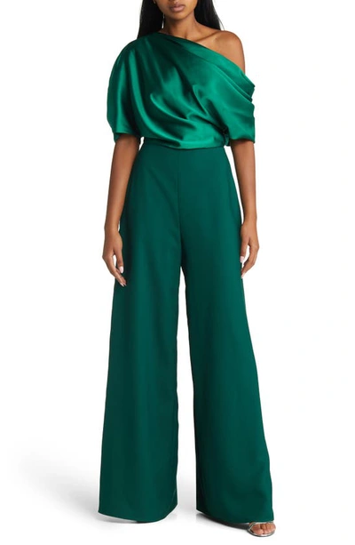 Amsale One Shoulder Wide Leg Jumpsuit In Emerald