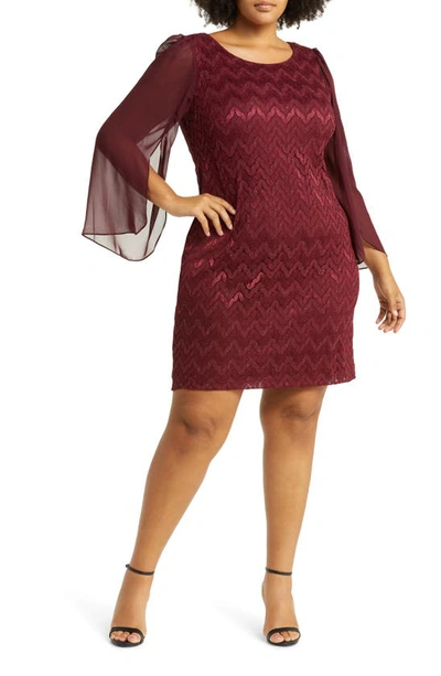 Connected Apparel Chevron Long Sleeve Lace & Chiffon Dress In Burgandy