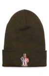 Shop Moncler Grenoble Logo Patch Ribbed Virgin Wool Beanie In Olive
