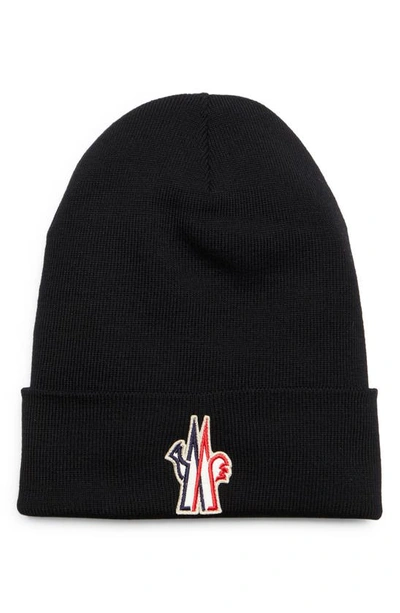 MONCLER MONCLER GRENOBLE LOGO PATCH RIBBED VIRGIN WOOL BEANIE