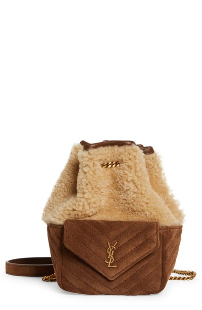 Saint Laurent Joe Mini Suede And Shearling Bucket Bag In Brown
