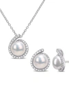 Delmar Diamond & Pearl Stud Earrings & Pendant Necklace Set In White