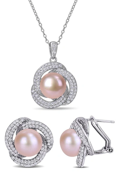 Delmar Sterling Silver 9.5-10.5mm Cultured Freshwater Pearl & Cz Stud Earrings & Necklace Set In Pink